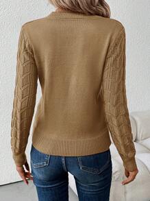SHEIN Clasi 女士 V 领长袖毛衣，休闲简约风格，适合日常穿着 - 卡其色 - 查看 2