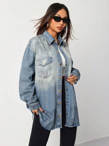 SHEIN EZwear Women Loose Fit Long Sleeve Blue Denim Jean Jacket, Casual - Blue - View 4