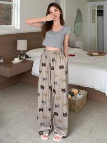 DAZY 可爱卡通猫咪印花宽松睡裤，秋冬款 - 卡其色 - 查看 7