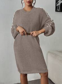 Chiquease Mock Necked Casual And Slouchy Women's Sweater Dress With Button Rope Design - Khaki - View 3
