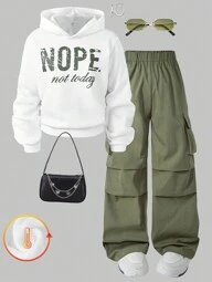 SHEIN 2pcs Tween Girl Letter Print Hoodie + Green Military Style Cargo Pants Set, Casual Streetwear Outfit, Autumn/Winter, School, Campus, College