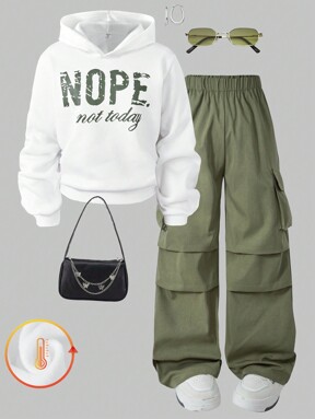 SHEIN 2pcs Tween Girl Letter Print Hoodie + Green Military Style Cargo Pants Set, Casual Streetwear Outfit, Autumn/Winter, School, Campus, College
