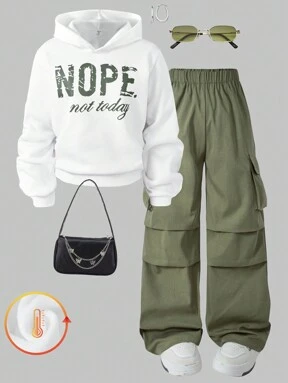 SHEIN 2pcs Tween Girl Letter Print Hoodie + Green Military Style Cargo Pants Set, Casual Streetwear Outfit, Autumn/Winter, School, Campus, College