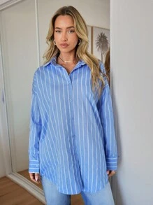 Cottnline WOMAN BLUE AND WHITE LINED POPLIN BLOUSE - Blue and White - View 3