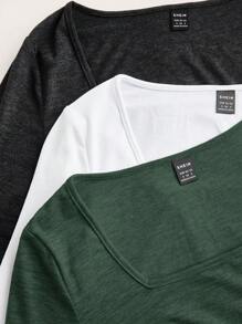 SHEIN EZwear 3 paquetes de camisetas de manga larga con cuello redondo y fruncido de color liso informal - Verde Oscuro - Ver 4