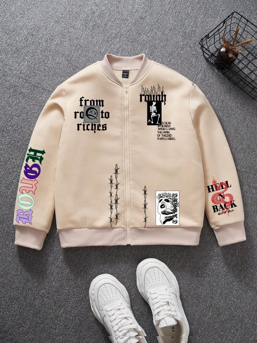 Manfinity Roghcode 男士休闲户外字母印花拉链夹克，秋季外出复古朋友图案长袖运动夹克，适合朋友、丈夫、男朋友的礼物 - 杏色 - 查看 1