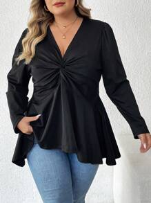 SHEIN CURVE+ Camiseta de mujer de talla grande de cuello en V elegante, de manga larga y cintura ceñida, apta para primavera, verano, otoño e invierno