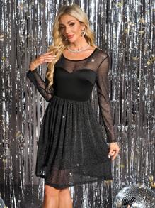SHEIN Clasi Đầm dự tiệc lấp lánh quyến rũ cổ tròn tay dài bằng lưới dành cho nữ - màu đen - Xem 4