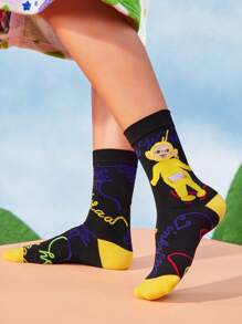 Teletubbies X SHEIN 4 Pairs Women Cartoon Character Pattern Color Block Long Socks Crew Socks,Reinforced Toe And Heel, Suitable For All Seasons, Unisex,Men,Women, Graphics Socks - Multicolor - View 10