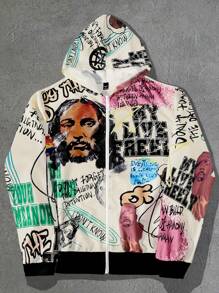 Manfinity Roghcode Plus Size Men Graffiti Print Hooded Sweatshirt, Fashionable For Autumn, Vacation Graphic Long Sleeve Casual Zip-Up Hoodie, For Friends, Husband, Boyfriend Gifts - Multicolor - View 1