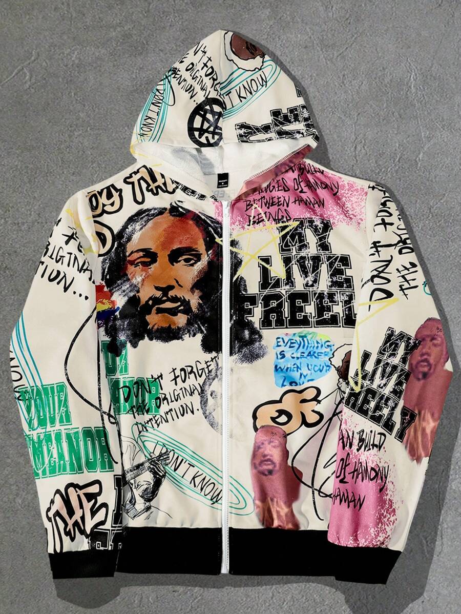 Manfinity Roghcode Plus Size Men Graffiti Print Hooded Sweatshirt, Fashionable For Autumn, Vacation Graphic Long Sleeve Casual Zip-Up Hoodie, For Friends, Husband, Boyfriend Gifts - Multicolor - View 1