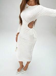 Chiquease Vestido de mujer de longitud media de unicolor, diseño hueco en la cintura, vestido ajustado y elegante maxivestido - Albaricoque - Ver 3