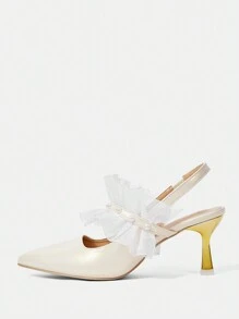 CUCCOO HITCHD Pointed Toe Faux Pearl Strap Backless High Heel Ladies' Pumps For Christmas And New Year Holiday Vibe Fall And Winter - White - View 7