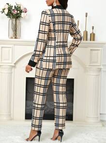 SHEIN Lady Plaid Print Stitching Black Collar Women's Suit Jacket And Women's Suit Trousers, Daily Work Party In Autumn And Winter Suit Women's Two Pieces Set