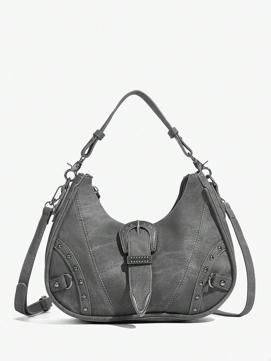 SHEIN ICON Quý cô, Túi xách tay nữ, Túi đeo chéo, Thời trang, Cá nhân hóa, Đơn giản, Đa năng, Đường phố, Những cô gái ngọt ngào và sành điệu, Những cô gái nóng bỏng, Y2k, Cổ điển, Đinh tán, Cổ điển, Thanh thiếu niên, Túi Y2k, Phong cách thời trang thập niên 2000, Túi Gothic Punk dành cho phụ nữ - Xám - Xem 1