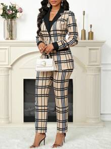 SHEIN Lady Plaid Print Stitching Black Collar Women's Suit Jacket And Women's Suit Trousers, Daily Work Party In Autumn And Winter Suit Women's Two Pieces Set
