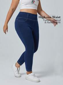 Flexra 大码休闲破洞宽松弹力针织紧身牛仔裤 - 藍色 - 查看 3