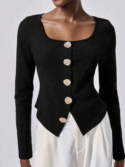 Lumivelle 女士纯色金属纽扣休闲上衣、T恤