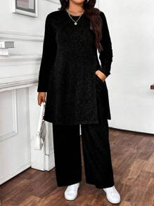 Calvaya 大码 2 件套休闲纯色开叉长袖上衣和裤子，秋季 - 黑色 - 查看 1