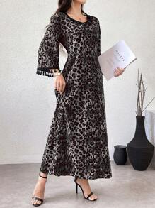 Al Najma Women's Leopard Print Patchwork Flared Sleeve Dress With Tassel Trim Maxi Women Outfit - Grey - View 5