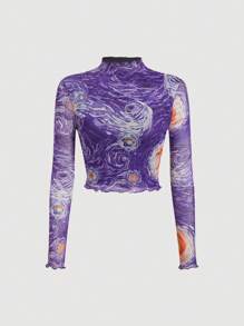 SHEIN MOD Mock Neck Marble Print Mesh Crop Blue Long Sleeve See-Through Starry Sky Top - Purple - View 1