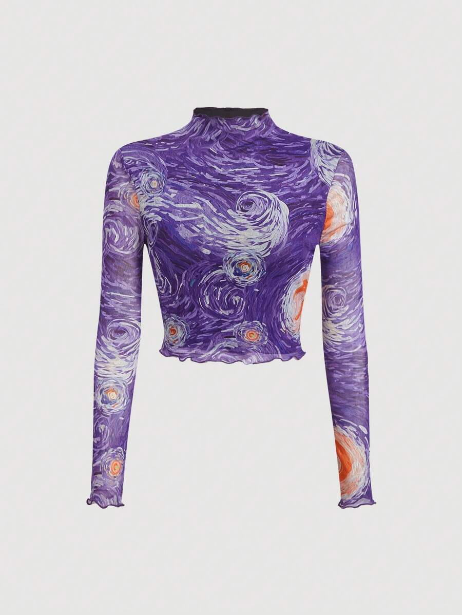 SHEIN MOD Mock Neck Marble Print Mesh Crop Blue Long Sleeve See-Through Starry Sky Top - Purple - View 1
