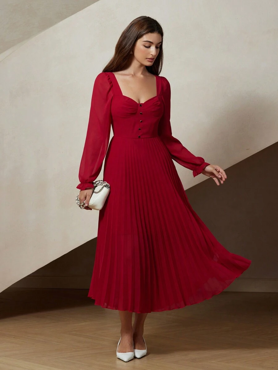 Chiquease Váy dài tay xếp ly eo kiểu Pháp, thiết kế tôn dáng, cạp cao, dự tiệc sinh nhật trang trọng - Đỏ - Xem 1