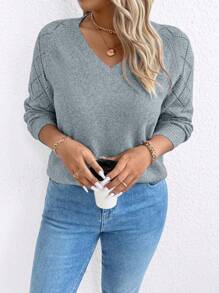 SHEIN LUNE Plus Size V-Neck Casual Comfortable Long Sleeve Sweater Knit Pullover Fall Winter - Grey - View 3