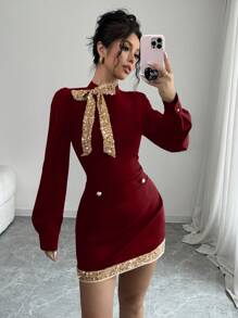 Elenzga 2 Stücke/Set Damen Herbst elegantes Langarm-Top & Rock Set mit Pailletten Verzierung