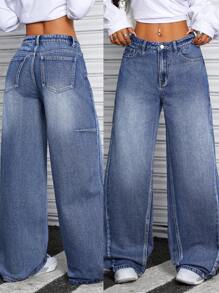 SHEIN ICON Damen Relaxed Fit Gerade Jeans in gewaschener Optik mit Taschen