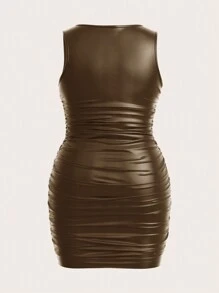 SHEIN EZwear 大码女式褶皱高领 PU 皮革棕色紧身连衣裙 - 棕色 - 查看 7
