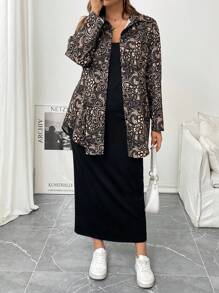 SHEIN Essnce Plus Size Women's Spring Summer And Autumn Fashionable Casual Elegant And Comfortable Black Lace Printed Long-Sleeved Shirt And Black Vest Dress Two-Piece Set,Curve Set,Airport Outfits,Dress Set,Conservative Set,Teacher Clothes, Women Clothes - Black - View 4