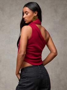 SHEIN BAE Elegante rode asymmetrische halslijn lint wollen top voor dames, feestkleding voor dames, nieuwjaarstop, feestkleding voor dames