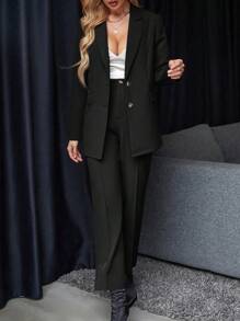 SHEIN PETITE 女士商务办公西装外套，有领，单排扣长袖，优雅通勤 - 黑色 - 查看 3