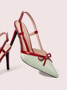 CUCCOO DOLLMOD Red & Green Color Block Pointed Toe Stilettos, Elegant Sweet Princess Lady Classic Vintage Color Contrast Red Bow Patchwork Green Satin Women's Mule Party Dress Shoes, St. Patrick's Day Valentines