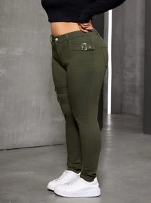SHEIN EZwear Plus Size Women's Skinny Casual Versatile Denim Jeans With Snap Button Design - Army Green - View 5