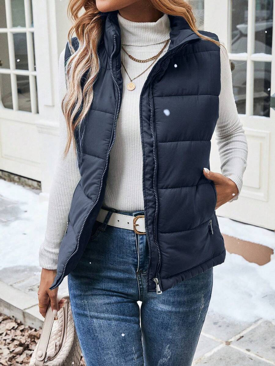 Pariaura Colete Acolchoado Casual com Zíper na Frente, Cor Sólida, Roupas de Inverno para Mulheres