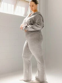 Aralina Pantalones de punto de pierna ancha con cintura plegable en talla grande, color gris jaspeado, para invierno