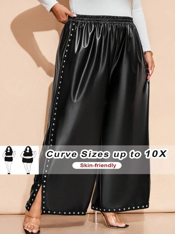 SHEIN CURVE+ Pantalones anchos y holgados de talla grande para mujeres, con decoración de remaches negro