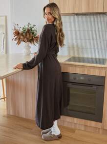 EURMUSE WOMAN LONG ELEGANT DRESS WITH BELT BUCKLE - Brown - View 2