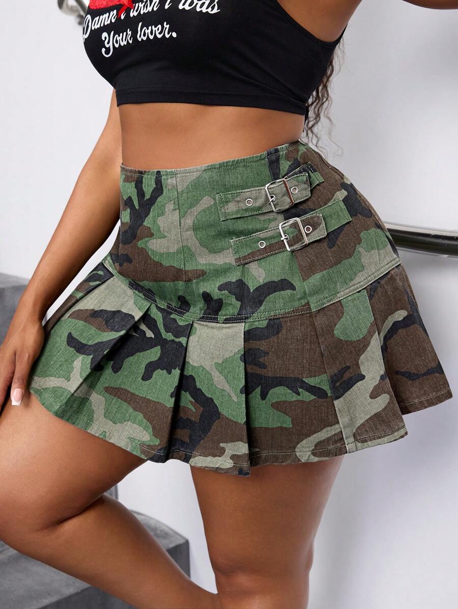 SHEIN SXY Plus Size Women Camouflage Denim Pleated Mini Skirt - Multicolor - View 1