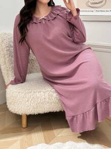 大码荷叶边彼得潘领宽松长袖睡袍 - 藕粉色 - 查看 5