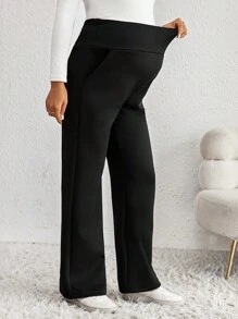 SHEIN Maternity Solid Color Adjustable Waist Straight Loose Casual Pants - Black - View 5