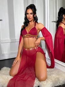 5件情人节女士无钢圈文胸内衣套装 - 酒紅色 - 查看 4