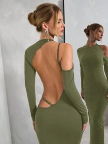 SHEIN BAE 1 件女式纯黑色不对称露肩长袖露背性感连衣裙，适合秋冬季分层/吊带裙、鸡尾酒会、浪漫约会、派对、婚礼伴娘、夜间外出、万圣节、圣诞节 - 軍綠色 - 查看 1