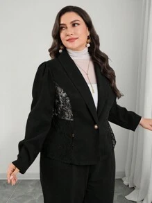 Modelyn Plus Size Solid Color Button Front Long Sleeve Lace Patchwork Casual Outerwear - Black - View 6