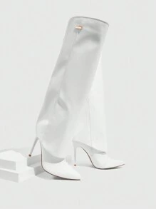 CUCCOO SZL Fashion White Metal Decor Pointed Toe Wide Leg Thin High Heel Knee-High Boots For Spring Shoes Spring Break Easter For Christmas Spring Shoes - White - View 13