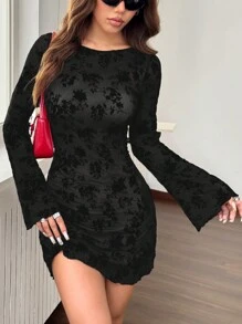 SHEIN EZwear 秋季新款黑色透明花卉网眼 A 字短裙