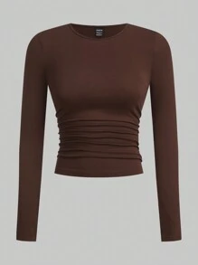 SHEIN EZwear 多色针织女式秋季圆领长袖褶皱修身 T 恤 - 粉色 - 查看 4