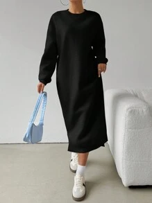 Muchica Women's Solid Color Round Neck Drop Shoulder Long Sleeve Thermal Lined Loose Long Sweatshirt Dress, Autumn/Winter - Black - View 3